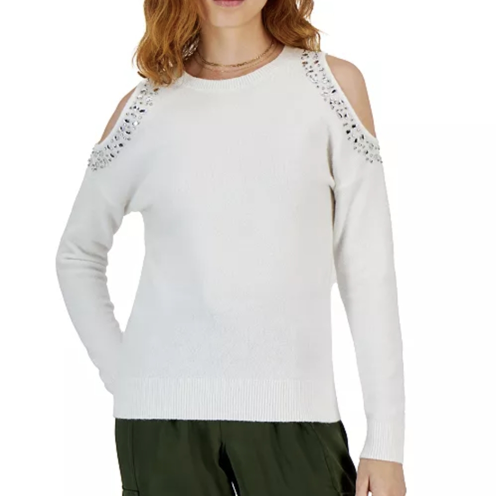 I-N-C Womens Embellished Sweater, White NWT